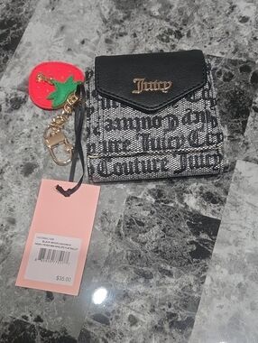 Juicy Couture Black & White Logo Mini Wallet with Red Strawberry Charm